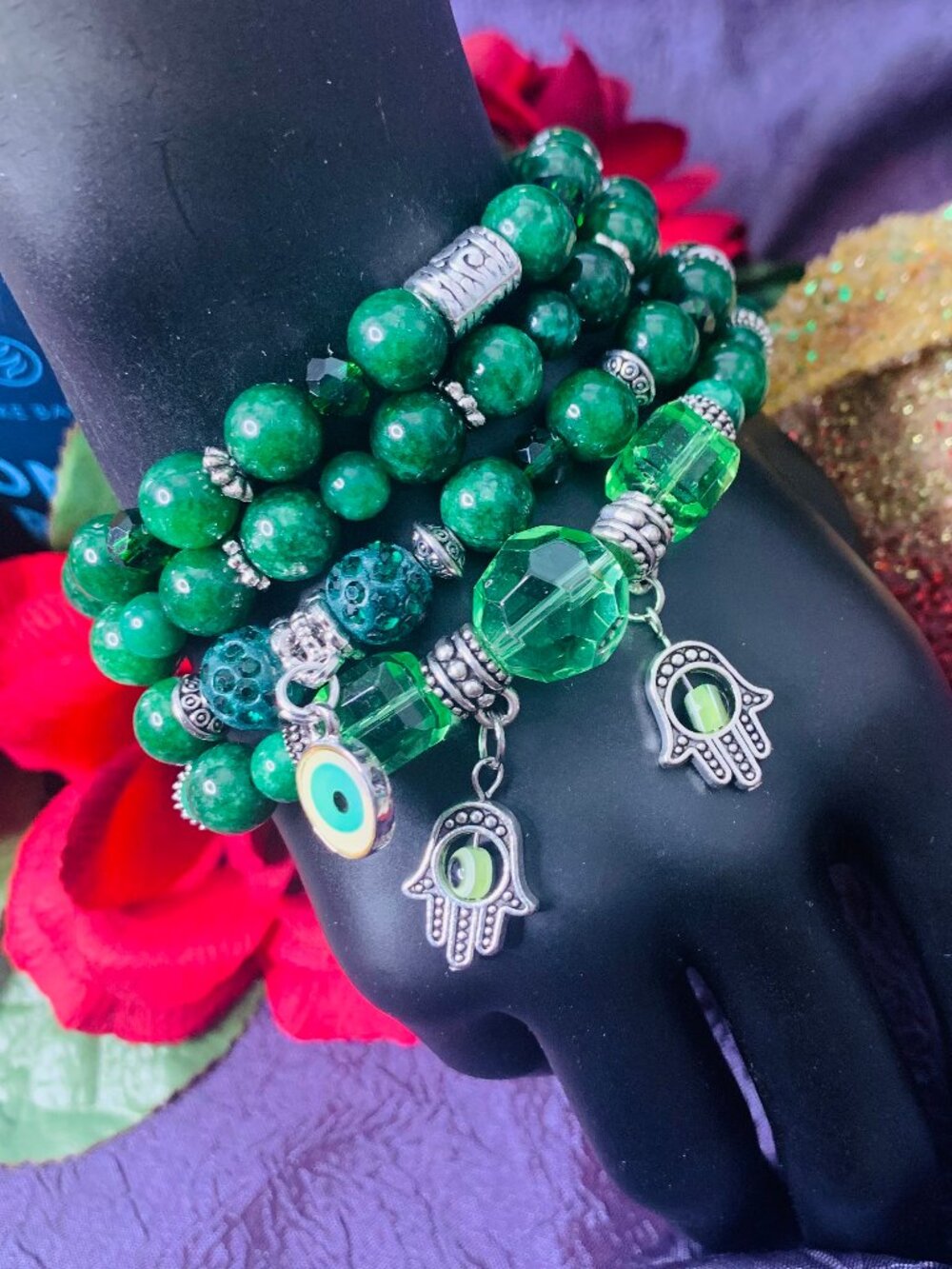 Evil Eye Charms, Green Jade, Glass & Pewter Bead Stretch Bracelet Set